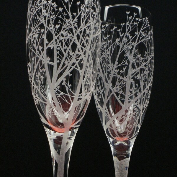 2 Champagne Flutes . Hand Engraved . 'Tree Of Love'