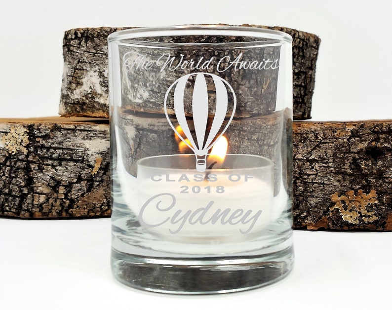 2019 Graduation Personalized Favors Candle Holder Party Decor Hot Air Balloon 50 Engraved Glass Guest Keepsake Custom Memento