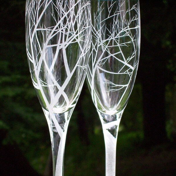 Two Hand Engraved Champagne Flutes  'Reaching Branches'
