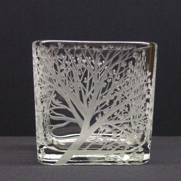 Tree of Love . Hand Engraved Glass Cube Candle Holder . Featured On The Front Page