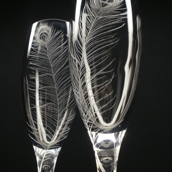 Peacock Feathers . 2 Champagne Flutes . Hand Engraved