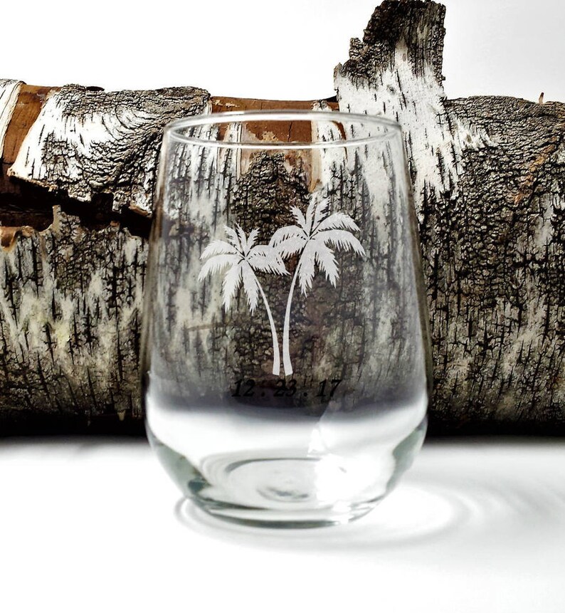 Palm Trees Stemless Wine Glass Engraved 17 Oz Tropical Etsy