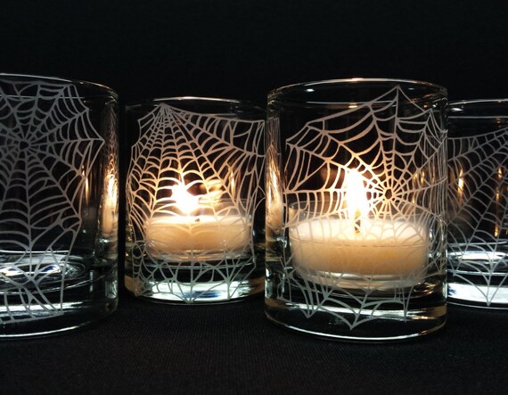 Halloween Candles Engraved Webs 4 Glass Votive Etsy