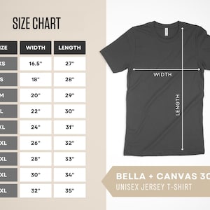 May include: Size chart for a unisex jersey t-shirt, showing measurements in inches for width and length, for sizes XS to 5XL. The chart is next to a gray t-shirt with the text "BELLA + CANVAS 3001 UNISEX JERSEY T-SHIRT" below it.