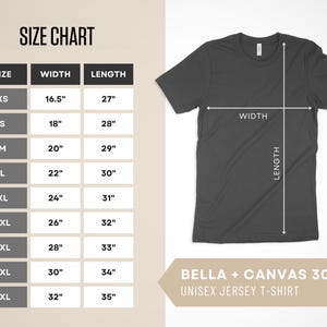 May include: Size chart for a unisex jersey t-shirt, showing measurements in inches for width and length, for sizes XS to 5XL. The chart is next to a gray t-shirt with the text "BELLA + CANVAS 3001 UNISEX JERSEY T-SHIRT" below it.