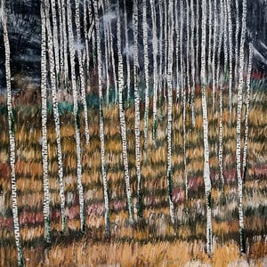 Arte originale. Grande dipinto a olio. Alberi di notte durante l'autunno. Colori bellissimi. Misterioso e oscuro.