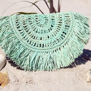 Handmade Raffia Half-Moon Clutch: Boho Fringe Wallet