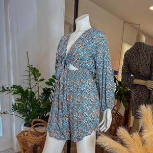 Blue Floral Jumpsuit: Boho Tie-Front Romper - Festival Beach Outfit