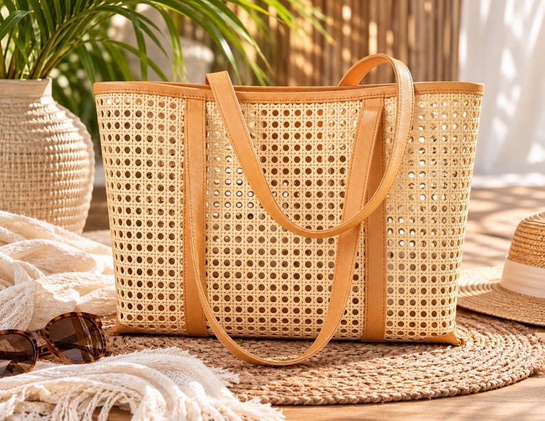 May include: A rectangular tote bag crafted from light beige woven rattan cane webbing, featuring tan faux leather trim along the top edge and vertical side panels, complemented by two matching tan faux leather shoulder straps.