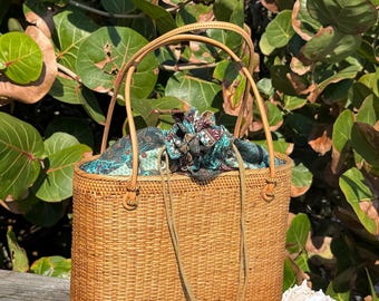 Ata Grass Tote Bag with Batik Drawstring Liner – Handwoven Bali Rattan, Long Handles
