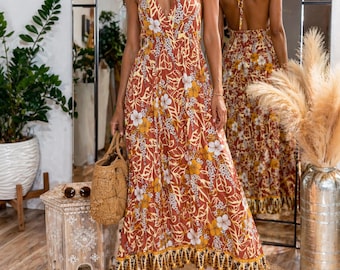Boho Maxi Dress: Floral Triangle Print - Light and Flowy