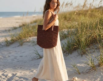 Bohemian Raffia Tote, Sisal Jute Sack Bag (Leather Shoulder Straps)