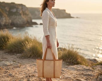Zannia Tote Bag: Natural Cane Webbing and Leather (Summer Style)