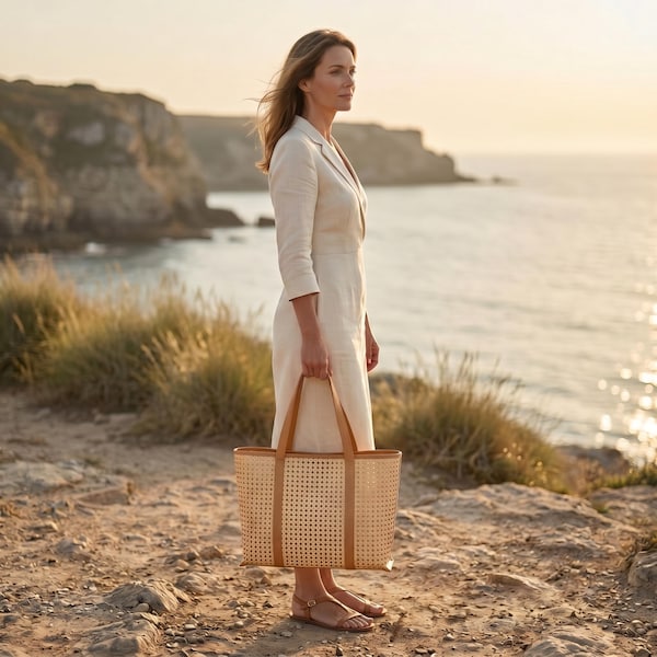 Zannia Tote Bag: Natural Cane Webbing and Leather (Summer Style)