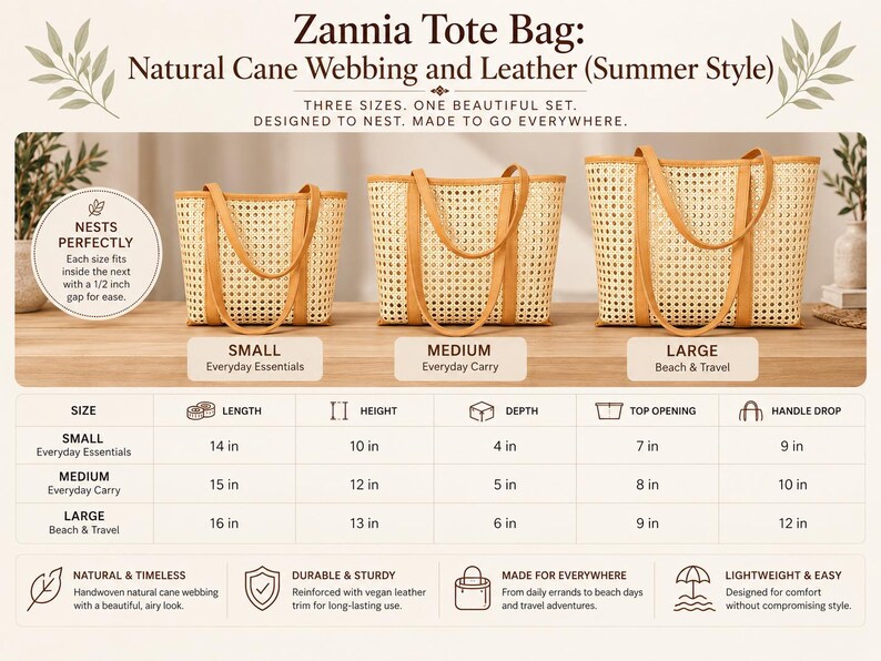 May include: Three Zannia tote bags made of natural cane webbing with tan leather trim. The set includes small, medium, and large sizes that nest together. A chart displays dimensions in inches for length, height, depth, top opening, and handle drop.