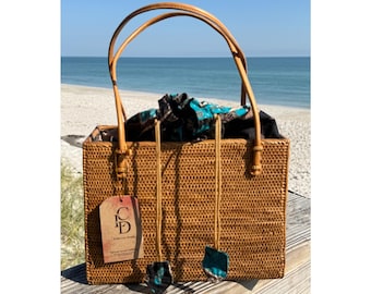 Handmade Rattan Bali Square Tote – Woven Beach Bag with Batik Liner