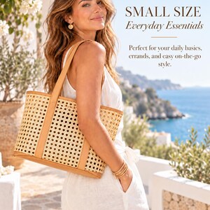 May include: A tan tote bag featuring a woven cane pattern with solid leather trim, two shoulder straps, and a rectangular base. The bag is displayed with text that reads SMALL SIZE Everyday Essentials Perfect for your daily basics.
