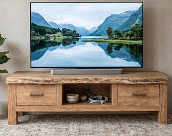 Handcrafted Rustic Solid Wood TV Stand – Farmhouse Style Media Console, Live Edge Furniture