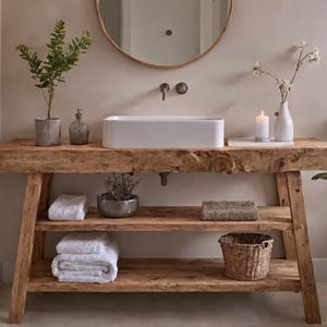 May include: A rustic wooden bathroom vanity with a rectangular white sink, a round mirror, and a small plant. The vanity has two shelves with folded white towels, a woven basket, and a small potted plant.