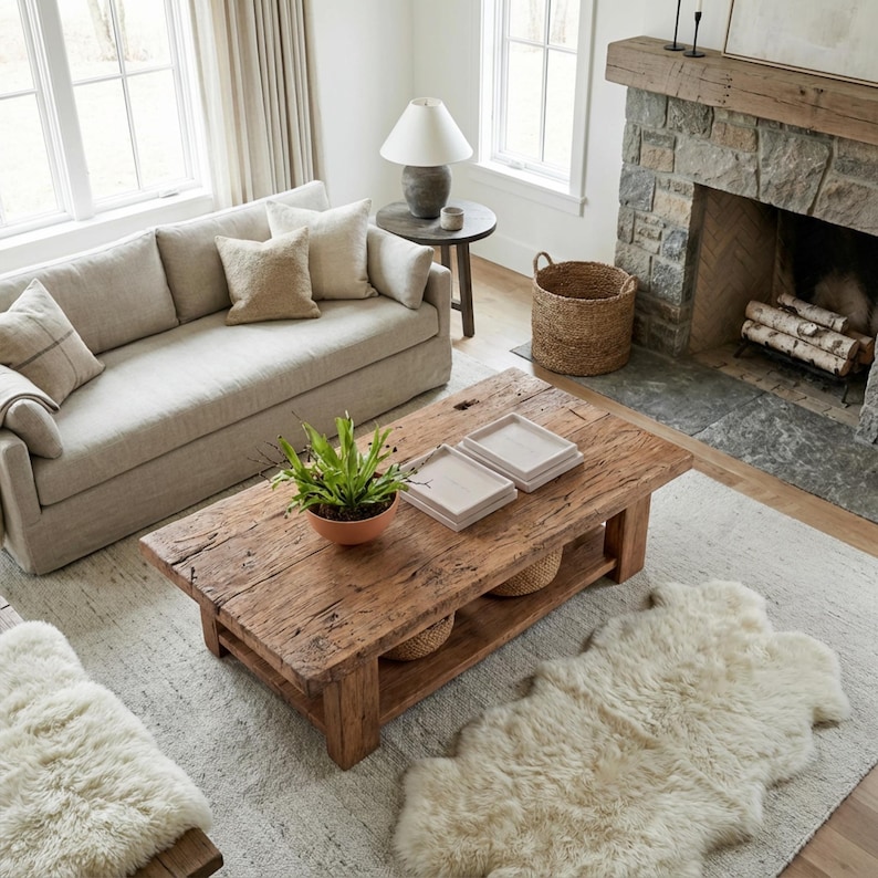 Solid Rustic Wooden Coffee Table - Custom Handcrafted Farmhouse Small Live Edge Reclaimed and Barn Wood Tables - Unique Design- Home Decor