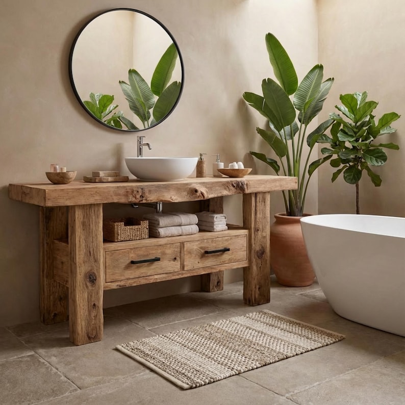 Solid Chestnut Rustic Bathroom Vanity - Custom Handcrafted Farmhouse Small Live Edge Reclaimed and Barn Wood Vanities - Unique Design - Home Decor