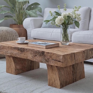 May include: A rustic, rectangular wooden coffee table with a natural finish. The table has a thick, solid top and sturdy, block-style legs. A cup and book rest on the table, with a vase of white flowers nearby. The table is in a living room setting.