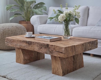 Handmade Rustic Coffee Table - Solid Wood Reclaimed Timber Center Table, Farmhouse Style Living Room Furniture