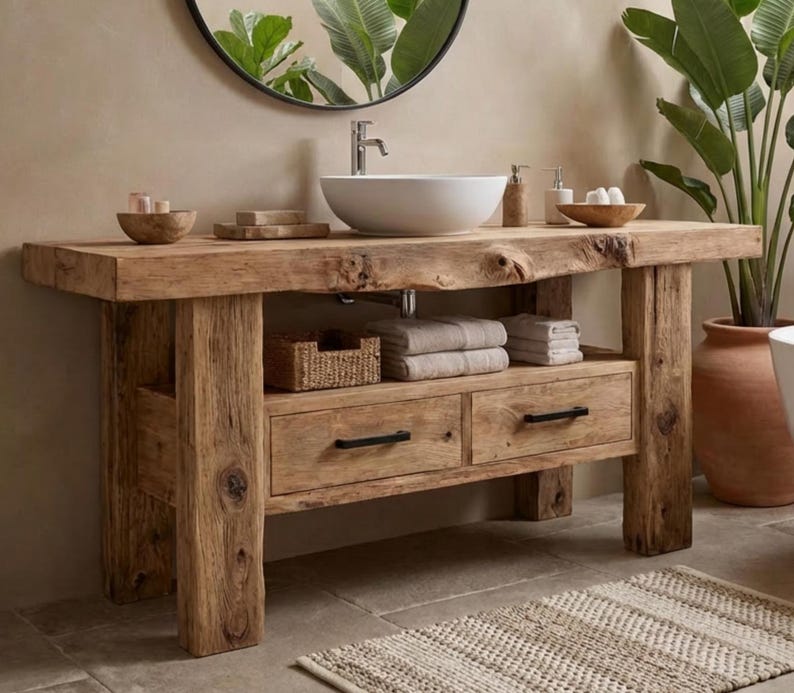 Solid Chestnut Rustic Bathroom Vanity - Custom Handcrafted Farmhouse Small Live Edge Reclaimed and Barn Wood Vanities - Unique Design - Home Decor