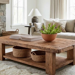 Peut inclure: Une table basse en bois rustique avec une étagère inférieure et deux paniers en osier. Un bol en terre cuite avec de la verdure est posé dessus. La table est dans un salon avec une cheminée en pierre, un canapé beige et un tapis moelleux.