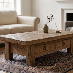 May include: A rectangular coffee table crafted from weathered brown wood with a thick top surface and four sturdy legs. The table features two front-facing drawers, each equipped with a small, dark circular metal pull handle for opening.
