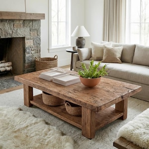 Solid Rustic Wooden Coffee Table - Custom Handcrafted Farmhouse Small Live Edge Reclaimed and Barn Wood Tables - Unique Design- Home Decor
