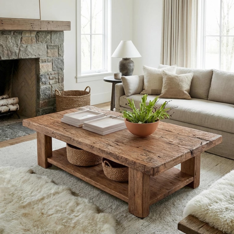 Solid Rustic Wooden Coffee Table - Custom Handcrafted Farmhouse Small Live Edge Reclaimed and Barn Wood Tables - Unique Design- Home Decor