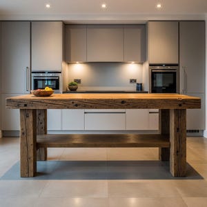 May include: A reclaimed wood kitchen island with a thick, weathered tabletop and aged wooden legs. The island has a lower shelf and is set against a backdrop of modern grey cabinetry and appliances. A wooden bowl of fruit sits on the island.
