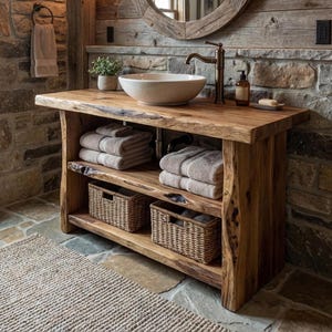 Tocador de baño rústico: estilo rústico de granja, hecho a mano, con mueble pequeño de madera de granero recuperada con borde natural.