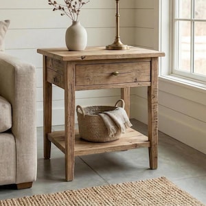 Puede incluir: Mesa auxiliar de madera rústica con un cajón y un estante inferior. Una cesta tejida con una manta se encuentra en el estante. La mesa tiene un acabado de madera natural y un tirador de latón. Un jarrón con ramas y una lámpara están encima.