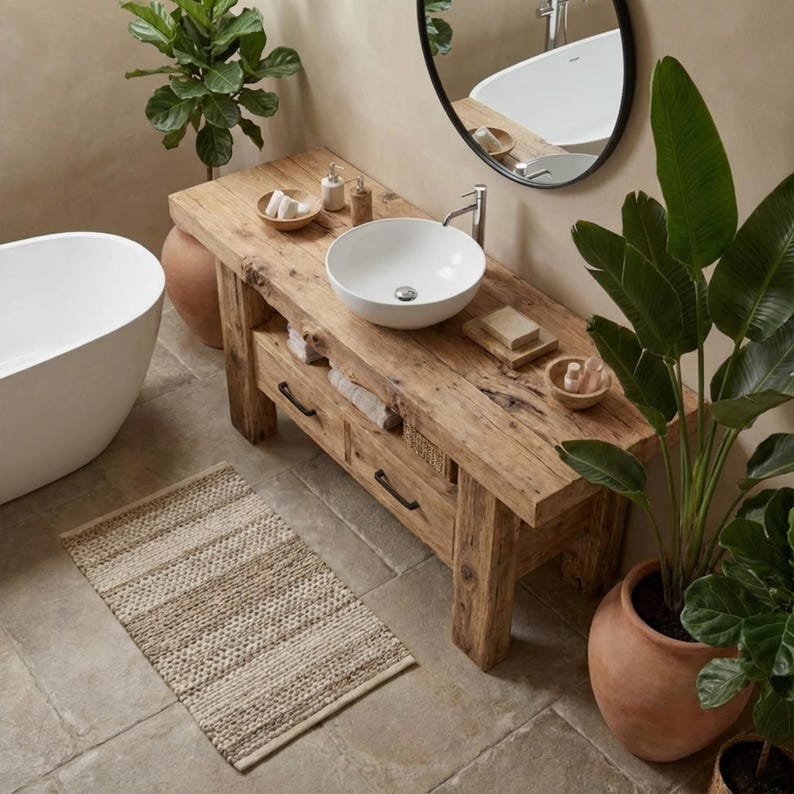 Solid Chestnut Rustic Bathroom Vanity - Custom Handcrafted Farmhouse Small Live Edge Reclaimed and Barn Wood Vanities - Unique Design - Home Decor