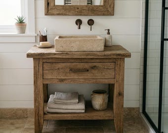 Rustic Bathroom Vanity – Solid Handmade Farmhouse Style, Small Live Edge Reclaimed Barn Wood Cabinet