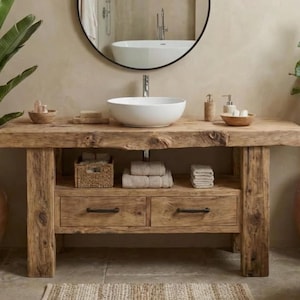 Solid Chestnut Rustic Bathroom Vanity - Custom Handcrafted Farmhouse Small Live Edge Reclaimed and Barn Wood Vanities - Unique Design - Home Decor