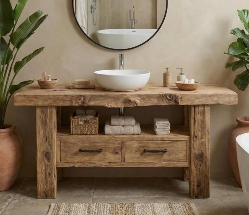 Solid Chestnut Rustic Bathroom Vanity - Custom Handcrafted Farmhouse Small Live Edge Reclaimed and Barn Wood Vanities - Unique Design - Home Decor