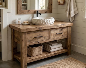 Rustic Bathroom Vanity – Solid Handmade Farmhouse Style, Small Live Edge Reclaimed Barn Wood Cabinet