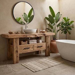 Solid Chestnut Rustic Bathroom Vanity - Custom Handcrafted Farmhouse Small Live Edge Reclaimed and Barn Wood Vanities - Unique Design - Home Decor