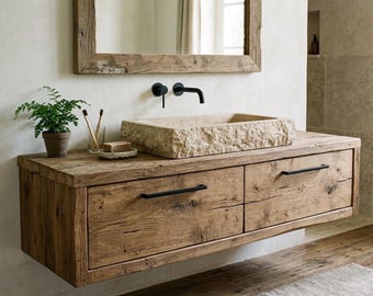 Rustic-Style Bathroom Vanity – Solid Handmade Farmhouse Style, Small Live Edge Reclaimed Barn Wood Cabinet