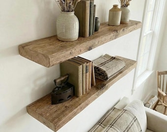 Solid Wood Floating Shelves – Rustic Chestnut Wall Shelves – With Hidden Steel Rod Brackets or Bracket-Free Option – Custom Sizes – Set of 2