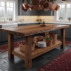 Kitchen Island Table: Rustic Wood with Storage - Handcrafted Design