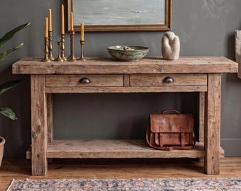 Mesa consola rústica a medida – Mesa de entrada de madera maciza estilo granja, banco estrecho para pasillo con borde natural