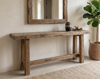 Consolle rustica su misura – Panca stretta da ingresso in legno massello stile rustico con bordo naturale, ideale per l'ingresso in stile country, il corridoio stretto.