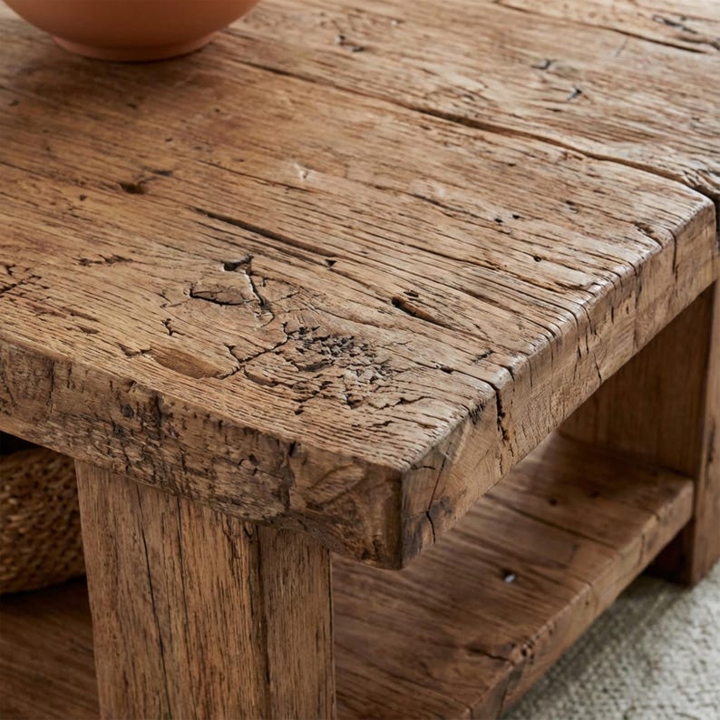 Solid Rustic Wooden Coffee Table - Custom Handcrafted Farmhouse Small Live Edge Reclaimed and Barn Wood Tables - Unique Design- Home Decor