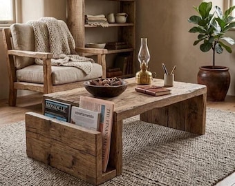 May include: A rectangular coffee table crafted from reclaimed wood with a built-in side storage compartment for magazines and newspapers. The table surface holds a dark wooden bowl filled with decorative items, a brass oil lamp, and a notebook.