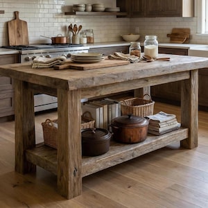 May include: A rustic wooden kitchen island with a lower shelf. The island has a thick, weathered tabletop and sturdy, square legs. The shelf holds baskets, cookbooks, and cookware. The kitchen has a white tile backsplash and wooden cabinets.