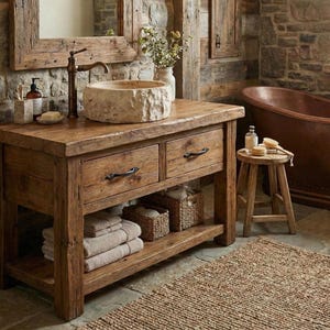Rustic Bathroom Vanity – Solid Handmade Farmhouse Style, Small Live Edge Reclaimed Barn Wood Cabinet